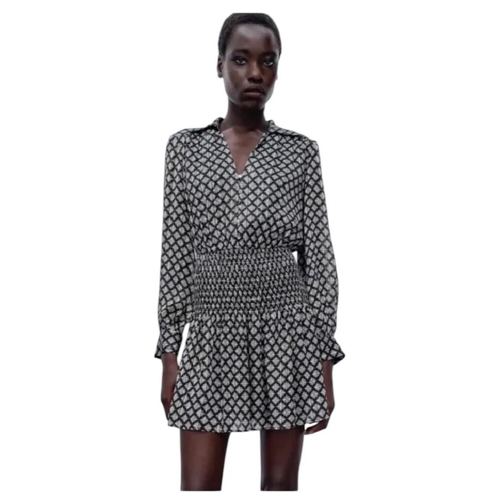 ZARA Women’s Printed Mini Dress Size S Black Long Sleeve Smocked Boho